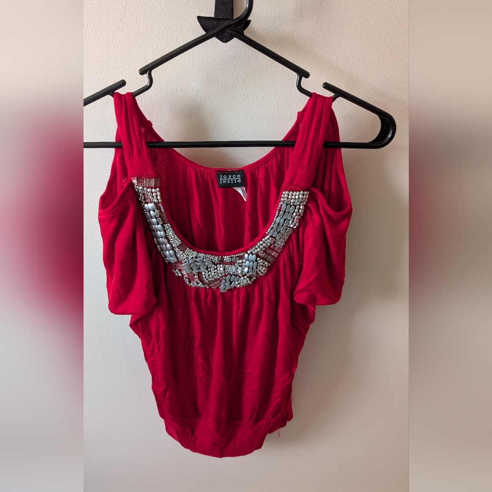 Joyce Leslie Women's Red Embellished Y2K Cold Shoulder Top. Size Medium